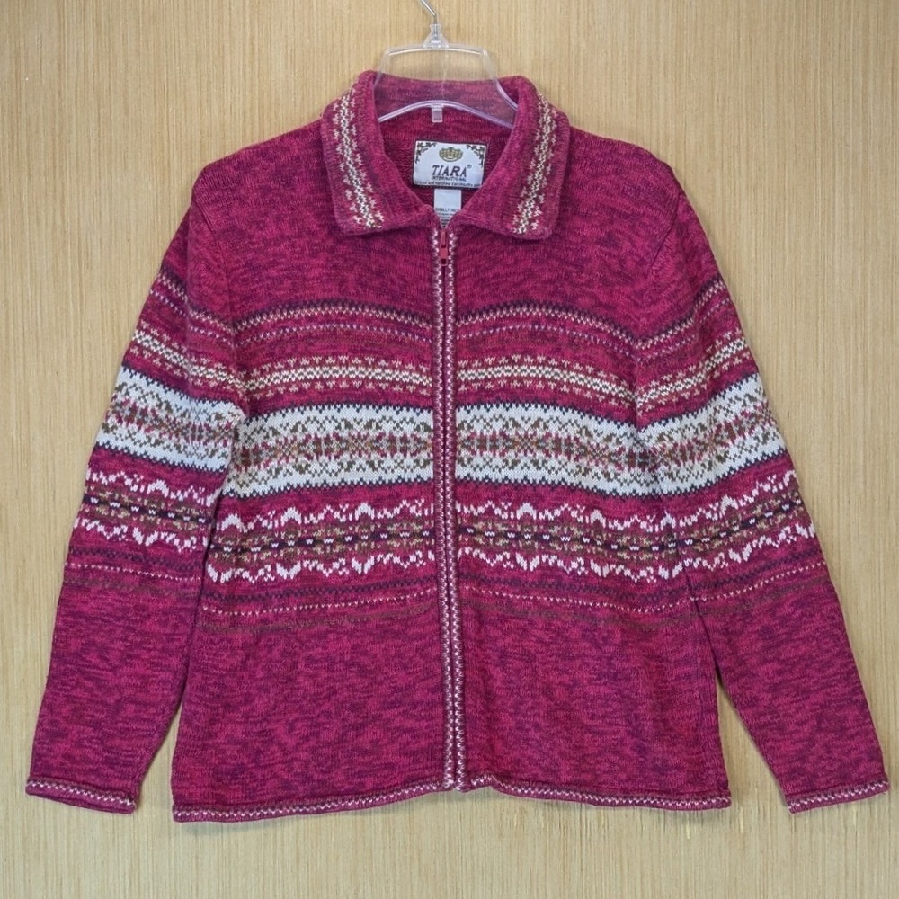 Tiara International Vintage 90s Fair Isle Nordic Cardigan Sweater Pink Small